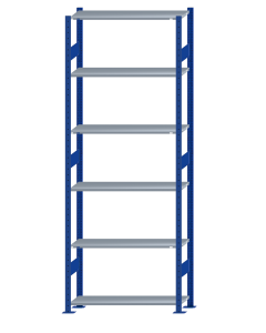 Fachbodenregal Stecksystem, Grundregal, beidseitig nutzbar, H2750xB1000xT350, 6 Fachböden, Fachlast 85kg, RAL 5010 enzianblau / verzinkt