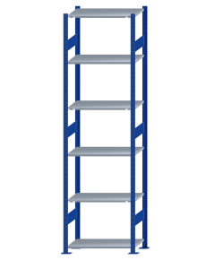 Fachbodenregal Stecksystem, Grundregal, beidseitig nutzbar, H2750xB750xT400, 6 Fachböden, Fachlast 150kg, RAL 5010 enzianblau / verzinkt