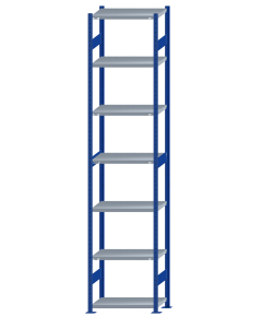 Fachbodenregal Stecksystem, Grundregal, beidseitig nutzbar, H3500xB750xT400, 7 Fachböden, Fachlast 250kg, RAL 5010 enzianblau / verzinkt