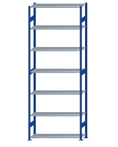 Fachbodenregal Stecksystem, Grundregal, beidseitig nutzbar, H3500xB1300xT400, 7 Fachböden, Fachlast 150kg, RAL 5010 enzianblau / verzinkt