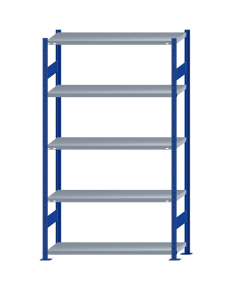 Fachbodenregal Stecksystem, Grundregal, beidseitig nutzbar, H2300xB1300xT400, 5 Fachböden, Fachlast 250kg, RAL 5010 enzianblau / verzinkt