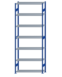 Fachbodenregal Stecksystem, Grundregal, beidseitig nutzbar, H3500xB1300xT400, 7 Fachböden, Fachlast 250kg, RAL 5010 enzianblau / verzinkt