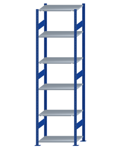 Fachbodenregal Stecksystem, Grundregal, beidseitig nutzbar, H2750xB750xT500, 6 Fachböden, Fachlast 150kg, RAL 5010 enzianblau / verzinkt