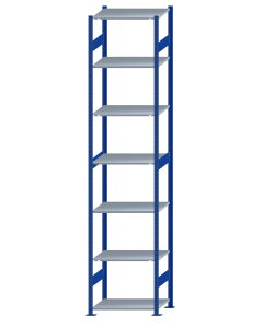 Fachbodenregal Stecksystem, Grundregal, beidseitig nutzbar, H3500xB750xT500, 7 Fachböden, Fachlast 150kg, RAL 5010 enzianblau / verzinkt