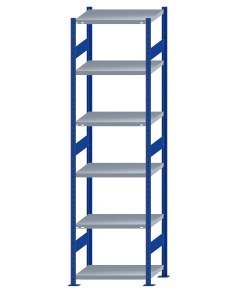 Fachbodenregal Stecksystem, Grundregal, beidseitig nutzbar, H2750xB750xT500, 6 Fachböden, Fachlast 250kg, RAL 5010 enzianblau / verzinkt