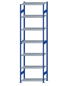 Fachbodenregal Stecksystem, Grundregal, beidseitig nutzbar, H3500xB1000xT500, 7 Fachböden, Fachlast 85kg, RAL 5010 enzianblau / verzinkt