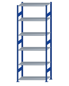 Fachbodenregal Stecksystem, Grundregal, beidseitig nutzbar, H2750xB1000xT500, 6 Fachböden, Fachlast 150kg, RAL 5010 enzianblau / verzinkt