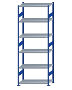 Fachbodenregal Stecksystem, Grundregal, beidseitig nutzbar, H2750xB1000xT500, 6 Fachböden, Fachlast 250kg, RAL 5010 enzianblau / verzinkt