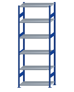 Fachbodenregal Stecksystem, Grundregal, beidseitig nutzbar, H2750xB1000xT500, 6 Fachböden, Fachlast 330kg, RAL 5010 enzianblau / verzinkt