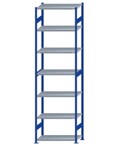 Fachbodenregal Stecksystem, Grundregal, beidseitig nutzbar, H3500xB1000xT500, 7 Fachböden, Fachlast 330kg, RAL 5010 enzianblau / verzinkt
