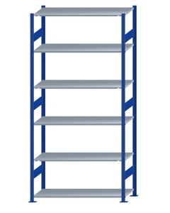 Fachbodenregal Stecksystem, Grundregal, beidseitig nutzbar, H2750xB1300xT500, 6 Fachböden, Fachlast 150kg, RAL 5010 enzianblau / verzinkt