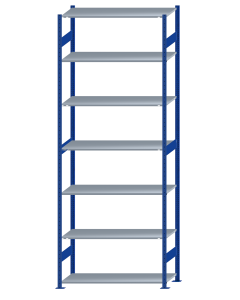 Fachbodenregal Stecksystem, Grundregal, beidseitig nutzbar, H3500xB1300xT500, 7 Fachböden, Fachlast 150kg, RAL 5010 enzianblau / verzinkt