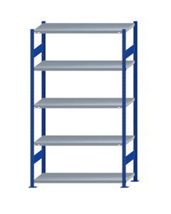 Fachbodenregal Stecksystem, Grundregal, beidseitig nutzbar, H2300xB1300xT500, 5 Fachböden, Fachlast 250kg, RAL 5010 enzianblau / verzinkt