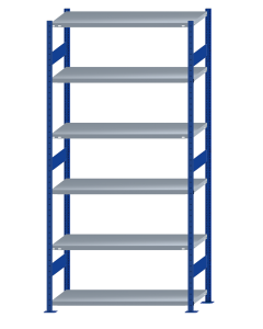 Fachbodenregal Stecksystem, Grundregal, beidseitig nutzbar, H2750xB1300xT500, 6 Fachböden, Fachlast 250kg, RAL 5010 enzianblau / verzinkt