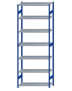 Fachbodenregal Stecksystem, Grundregal, beidseitig nutzbar, H3500xB1300xT500, 7 Fachböden, Fachlast 250kg, RAL 5010 enzianblau / verzinkt