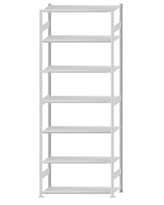 Fachbodenregal Stecksystem, Grundregal, beidseitig nutzbar, H3500xB1300xT500, 7 Fachböden, Fachlast 150kg, RAL 7035 lichtgrau
