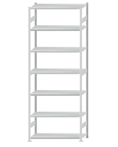 Fachbodenregal Stecksystem, Grundregal, beidseitig nutzbar, H3500xB1300xT500, 7 Fachböden, Fachlast 250kg, RAL 7035 lichtgrau
