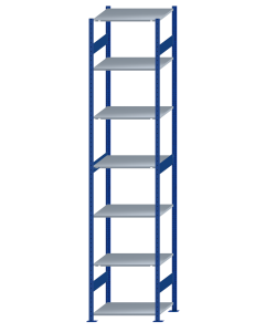Fachbodenregal Stecksystem, Grundregal, beidseitig nutzbar, H3500xB750xT600, 7 Fachböden, Fachlast 150kg, RAL 5010 enzianblau / verzinkt