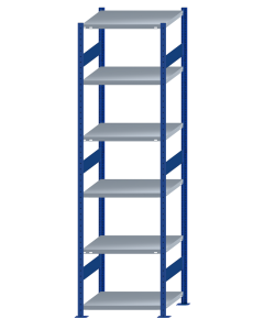 Fachbodenregal Stecksystem, Grundregal, beidseitig nutzbar, H2750xB750xT600, 6 Fachböden, Fachlast 250kg, RAL 5010 enzianblau / verzinkt