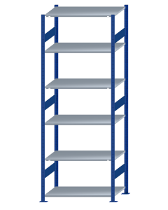Fachbodenregal Stecksystem, Grundregal, beidseitig nutzbar, H2750xB1000xT600, 6 Fachböden, Fachlast 85kg, RAL 5010 enzianblau / verzinkt
