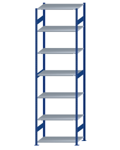 Fachbodenregal Stecksystem, Grundregal, beidseitig nutzbar, H3500xB1000xT600, 7 Fachböden, Fachlast 150kg, RAL 5010 enzianblau / verzinkt