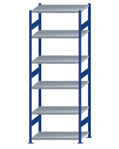 Fachbodenregal Stecksystem, Grundregal, beidseitig nutzbar, H2750xB1000xT600, 6 Fachböden, Fachlast 250kg, RAL 5010 enzianblau / verzinkt