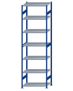 Fachbodenregal Stecksystem, Grundregal, beidseitig nutzbar, H3500xB1000xT600, 7 Fachböden, Fachlast 250kg, RAL 5010 enzianblau / verzinkt