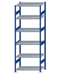 Fachbodenregal Stecksystem, Grundregal, beidseitig nutzbar, H2750xB1000xT600, 6 Fachböden, Fachlast 330kg, RAL 5010 enzianblau / verzinkt