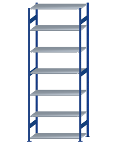 Fachbodenregal Stecksystem, Grundregal, beidseitig nutzbar, H3500xB1300xT600, 7 Fachböden, Fachlast 150kg, RAL 5010 enzianblau / verzinkt