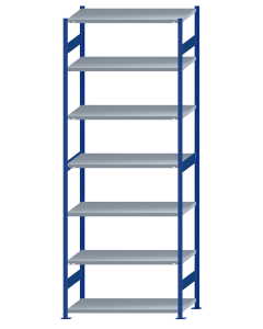 Fachbodenregal Stecksystem, Grundregal, beidseitig nutzbar, H3500xB1300xT600, 7 Fachböden, Fachlast 250kg, RAL 5010 enzianblau / verzinkt