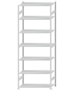 Fachbodenregal Stecksystem, Grundregal, beidseitig nutzbar, H3500xB1300xT600, 7 Fachböden, Fachlast 150kg, RAL 7035 lichtgrau