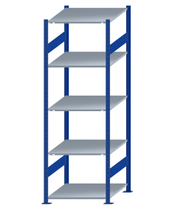 Fachbodenregal Stecksystem, Grundregal, beidseitig nutzbar, H2300xB750xT800, 5 Fachböden, Fachlast 150kg, RAL 5010 enzianblau / verzinkt