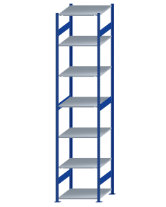 Fachbodenregal Stecksystem, Grundregal, beidseitig nutzbar, H3500xB750xT800, 7 Fachböden, Fachlast 150kg, RAL 5010 enzianblau / verzinkt