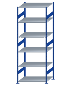 Fachbodenregal Stecksystem, Grundregal, beidseitig nutzbar, H2750xB1000xT800, 6 Fachböden, Fachlast 150kg, RAL 5010 enzianblau / verzinkt