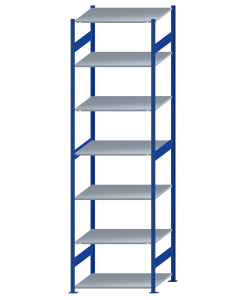 Fachbodenregal Stecksystem, Grundregal, beidseitig nutzbar, H3500xB1000xT800, 7 Fachböden, Fachlast 150kg, RAL 5010 enzianblau / verzinkt