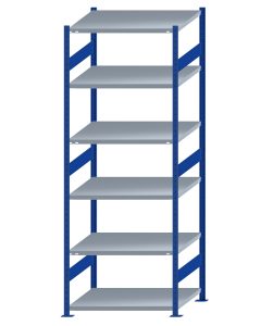 Fachbodenregal Stecksystem, Grundregal, beidseitig nutzbar, H2750xB1000xT800, 6 Fachböden, Fachlast 250kg, RAL 5010 enzianblau / verzinkt