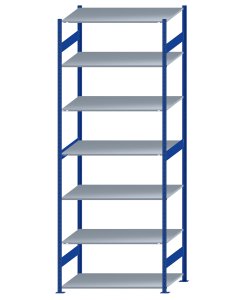Fachbodenregal Stecksystem, Grundregal, beidseitig nutzbar, H3500xB1300xT800, 7 Fachböden, Fachlast 150kg, RAL 5010 enzianblau / verzinkt