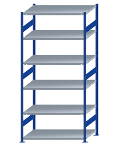 Fachbodenregal Stecksystem, Grundregal, beidseitig nutzbar, H2750xB1300xT800, 6 Fachböden, Fachlast 250kg, RAL 5010 enzianblau / verzinkt
