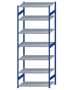 Fachbodenregal Stecksystem, Grundregal, beidseitig nutzbar, H3500xB1300xT800, 7 Fachböden, Fachlast 250kg, RAL 5010 enzianblau / verzinkt