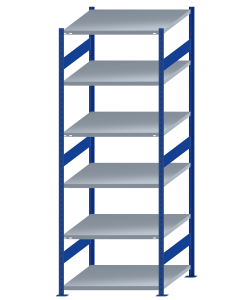 Fachbodenregal Stecksystem, Grundregal, beidseitig nutzbar, H2750xB1000xT1000, 6 Fachböden, Fachlast 250kg, RAL 5010 enzianblau / verzinkt