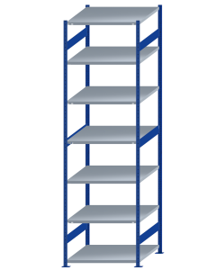 Fachbodenregal Stecksystem, Grundregal, beidseitig nutzbar, H3500xB1000xT1000, 7 Fachböden, Fachlast 250kg, RAL 5010 enzianblau / verzinkt