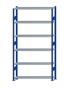 Fachbodenregal Stecksystem, Grundregal, beidseitig nutzbar, H2500xB1300xT300, 6 Fachböden, Fachlast 85kg, RAL 5010 enzianblau / verzinkt