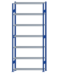 Fachbodenregal Stecksystem, Grundregal, beidseitig nutzbar, H3000xB1300xT300, 7 Fachböden, Fachlast 85kg, RAL 5010 enzianblau / verzinkt