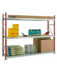 Weitspannregal WS 3000, Grundregal, Stahlpaneelen, H2000xB2500xT1000 mm, 3 Fachebenen, feuerrot / verzinkt