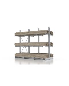 Kragarmregal für Holzlagerung, beidseitig nutzbar, H2600xB3850xT1000 mm, 3 Lagerebenen, Armlast 500 kg, feuerverzinkt