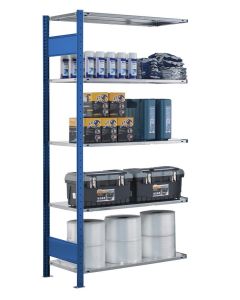 Fachbodenregal Stecksystem, Anbauregal, beidseitig nutzbar, H1800xB750xT600, 4 Fachböden, Fachlast 150kg, RAL 5010 enzianblau / verzinkt