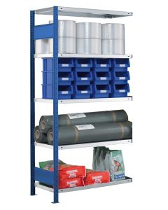 Fachbodenregal Stecksystem, Anbauregal, beidseitig nutzbar, H3500xB1000xT300, 7 Fachböden, Fachlast 250kg, RAL 5010 enzianblau / verzinkt