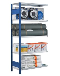 Fachbodenregal Stecksystem, Anbauregal, beidseitig nutzbar, H2750xB1000xT300, 6 Fachböden, Fachlast 330kg, RAL 5010 enzianblau / verzinkt