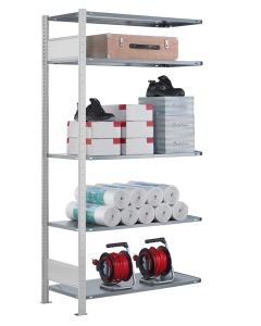 Fachbodenregal Stecksystem, Anbauregal, beidseitig nutzbar, H3500xB1300xT300, 7 Fachböden, Fachlast 85kg, RAL 7035 lichtgrau