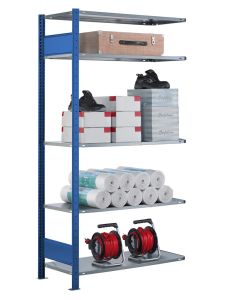 Fachbodenregal Stecksystem, Anbauregal, beidseitig nutzbar, H3000xB1300xT300, 7 Fachböden, Fachlast 85kg, RAL 5010 enzianblau / verzinkt